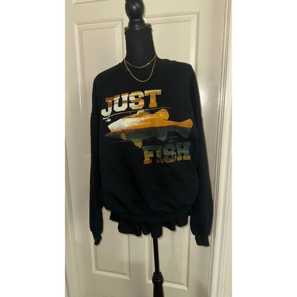 VINTAGE Jerzees Just Fish Crewneck Sweater Adult XL Black Graphic Fishing - Picture 2 of 9